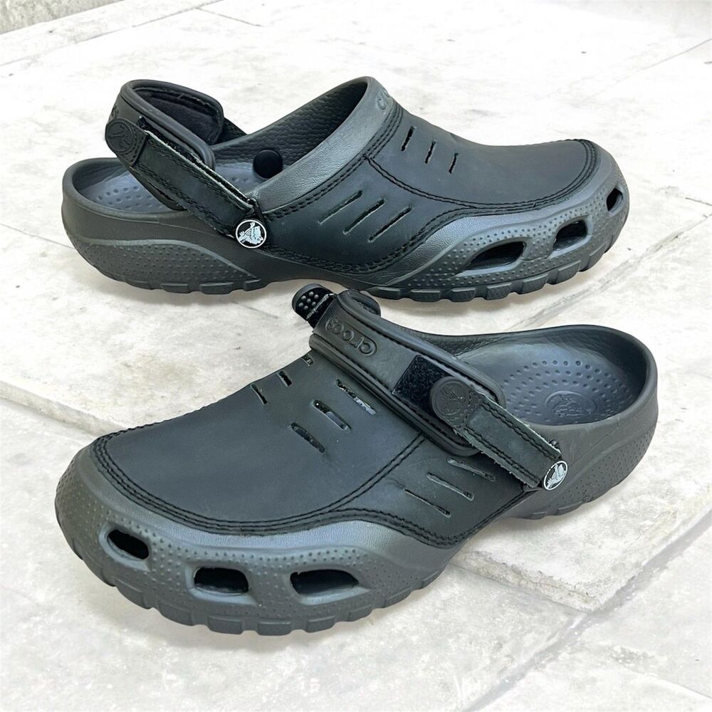 Crocs Yukon Sport Clogs Mens Sz 11 Black Leather Slides Adjustable Strap Sandals